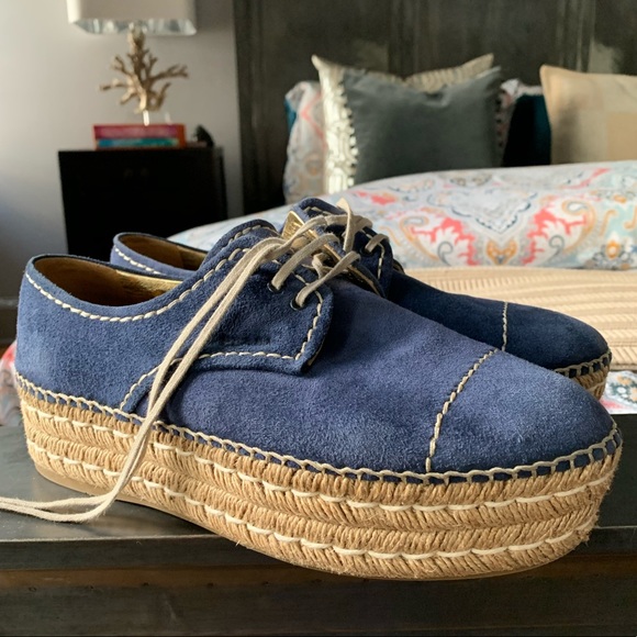 Royal blue suede lace up Prada espadrille platforms flatform 40 1/2 - Picture 3 of 10